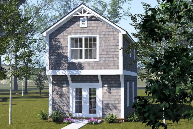 Grey Cottage, Angled Front Elevation, cedar shake siding, white trim, French doors, wall sconces, and lush landscaping. House Plan # 4848-00644 Digital Rendering by America's Best House Plans, Inc.