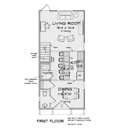Main Floor: Living Room, Kitchen with island, Dining, 1/2 Bath, Pantry, under-stair storage, 9' ceilings. Opt. basement stairs. House Plan # 4848-00644 Main Floor  Floor Plan Drawing by America's Best House Plans, Inc.