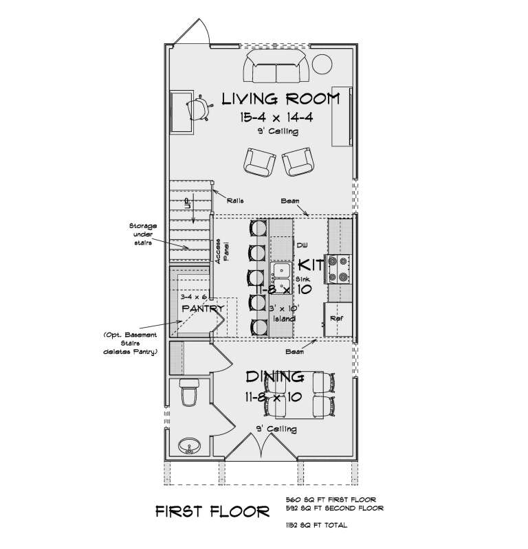 Main Floor: Living Room, Kitchen with island, Dining, 1/2 Bath, Pantry, under-stair storage, 9' ceilings. Opt. basement stairs. House Plan # 4848-00644 Main Floor  Floor Plan Drawing by America's Best House Plans, Inc.