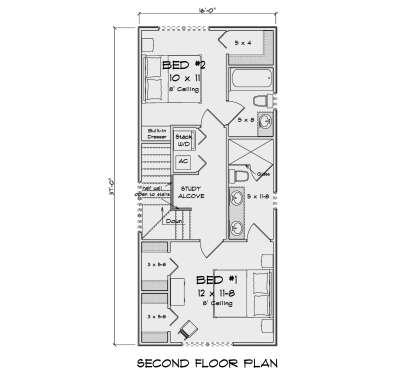 Second Floor: 2BR, 2BA, Study Alcove, Ldry, stairs, 8' ceilings, built-in dresser, WIC, dual vanity in master bath. House Plan # 4848-00644 Second Floor Floor Plan Drawing by America's Best House Plans, Inc.