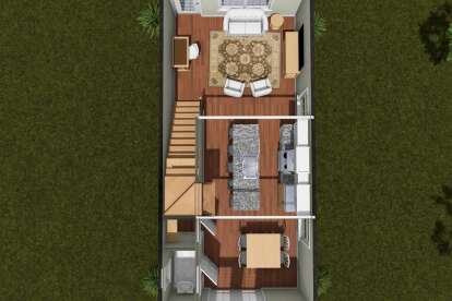 Overhead Main Floor: Open living, kitchen with island, dining area, 1 BA, stairs. Unheated: entry area. House Plan # 4848-00644 Overhead Main Floor Floor Plan Drawing by America's Best House Plans, Inc.