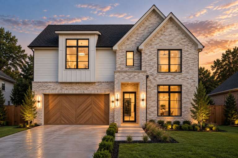 Beige Modern Transitional Front Elevation, brick and siding, chevron wood garage, lit windows, path, and landscaping. House Plan # 9185-00044 Digital Rendering by America's Best House Plans, Inc.