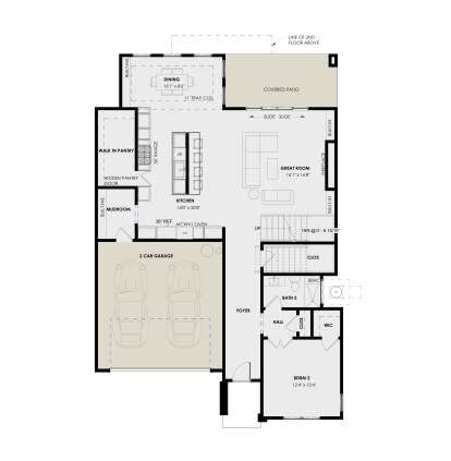 Main Floor: 1BR, 1BA, Great Room, Kitchen, Dining, Mudroom, WIC, 2-car garage, stairs, covered patio, fireplace, tray clg. House Plan # 9185-00044 Main Floor  Floor Plan Drawing by America's Best House Plans, Inc.