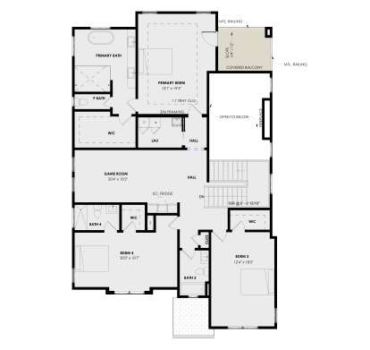 Second Floor: 3BR, 3BA, Game Room, Ldry, 3 WIC, Stairs, Covered Balcony, Fireplace, Open to below, Tray ceiling in Primary. House Plan # 9185-00044 Second Floor Floor Plan Drawing by America's Best House Plans, Inc.