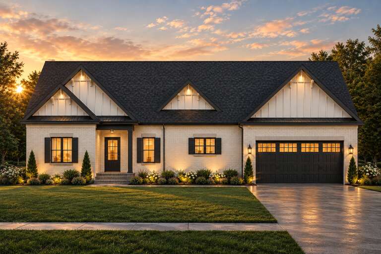 White Modern Farmhouse, Front Elevation at sunset, brick siding, board-and-batten gables, dark accents, and landscape lighting. House Plan # 6102-00012 Digital Rendering by America's Best House Plans, Inc.