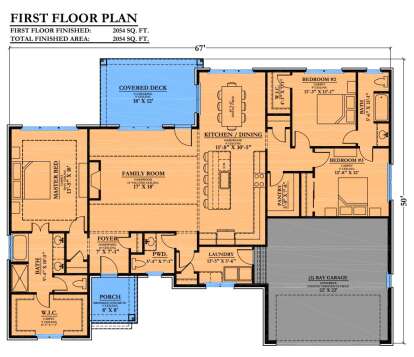 Main Floor: 3BR, 2.5BA, Family, Kitchen/Dining, Ldry, 2-car garage, Porch, Covered Deck. Vaulted/Tray ceilings, WIC, Pantry. House Plan # 6102-00012 Main Floor  Floor Plan Drawing by America's Best House Plans, Inc.