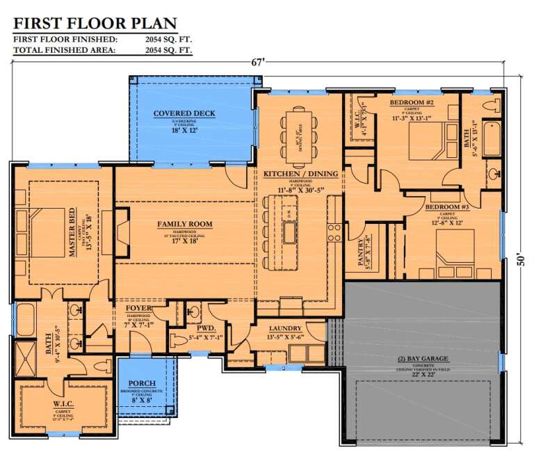Main Floor: 3BR, 2.5BA, Family, Kitchen/Dining, Ldry, 2-car garage, Porch, Covered Deck. Vaulted/Tray ceilings, WIC, Pantry. House Plan # 6102-00012 Main Floor  Floor Plan Drawing by America's Best House Plans, Inc.