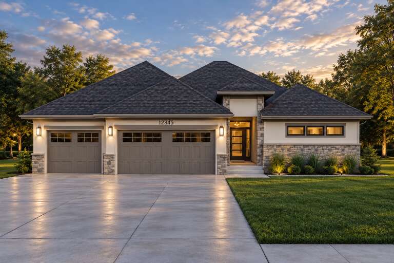 Beige and Stone, Front Elevation, stucco siding, stone accents, grey garage doors, lit sconces, and manicured lawn. House Plan # 7140-00033 Digital Rendering by America's Best House Plans, Inc.