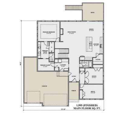 Main Floor: 2BR, 2BA, Great Room, Dining, Kitchen, Office, Pantry, Ldry, WIC, 2-car garage, Deck, Porch, Stairs. 1,995 sq ft. House Plan # 7140-00033 Main Floor  Floor Plan Drawing by America's Best House Plans, Inc.