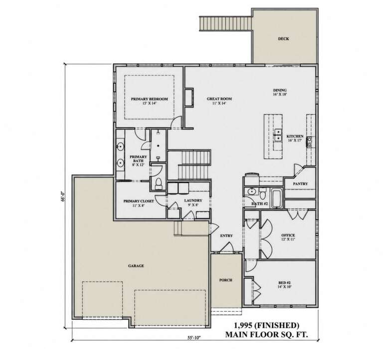 Main Floor: 2BR, 2BA, Great Room, Dining, Kitchen, Office, Pantry, Ldry, WIC, 2-car garage, Deck, Porch, Stairs. 1,995 sq ft. House Plan # 7140-00033 Main Floor  Floor Plan Drawing by America's Best House Plans, Inc.