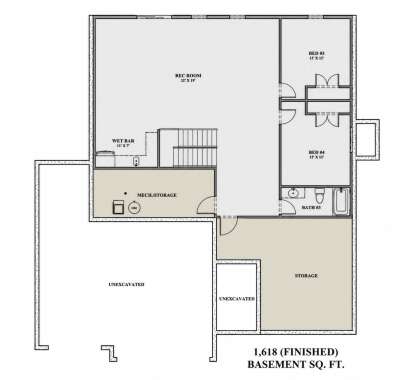 Basement: 2 BR, 1 BA, Rec Room, Wet Bar, Stairs. Unheated: Mech/Storage, Storage, Unexcavated areas. House Plan # 7140-00033 Basement Floor Plan Drawing by America's Best House Plans, Inc.