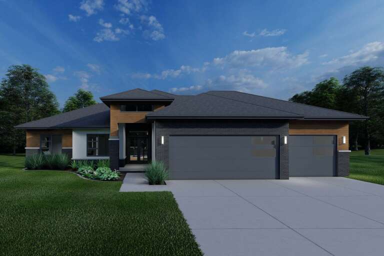 Grey Contemporary Front Elevation, brick and wood siding, concrete driveway, wall sconces, and landscaped front lawn. House Plan # 7140-00034 Digital Rendering by America's Best House Plans, Inc.