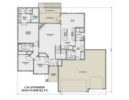 Main Floor: 3BR, 2BA, Great Room, Kitchen, Dining, Pantry, Mud, Ldry, 3-car garage, Covered Porch, Covered/Uncovered Deck. House Plan # 7140-00034 Main Floor  Floor Plan Drawing by America's Best House Plans, Inc.