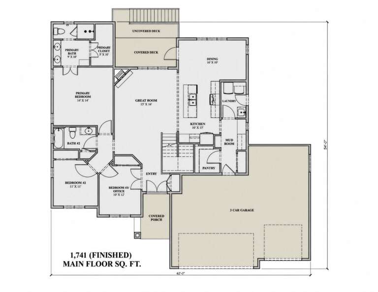 Main Floor: 3BR, 2BA, Great Room, Kitchen, Dining, Pantry, Mud, Ldry, 3-car garage, Covered Porch, Covered/Uncovered Deck. House Plan # 7140-00034 Main Floor  Floor Plan Drawing by America's Best House Plans, Inc.