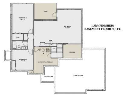 Basement: 2BR, 1BA, Rec Room, Bar, WIC, stairs, Patio. Unheated: Storage, Mechanical, Unexcavated areas. 1,335 finished sq ft. House Plan # 7140-00034 Basement Floor Plan Drawing by America's Best House Plans, Inc.