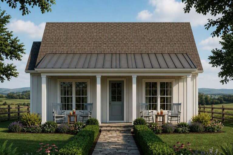 White Cottage, Front Elevation with board-and-batten siding, metal roof porch, stone path, and rocking chairs. House Plan # 8292-00055 Digital Rendering by America's Best House Plans, Inc.