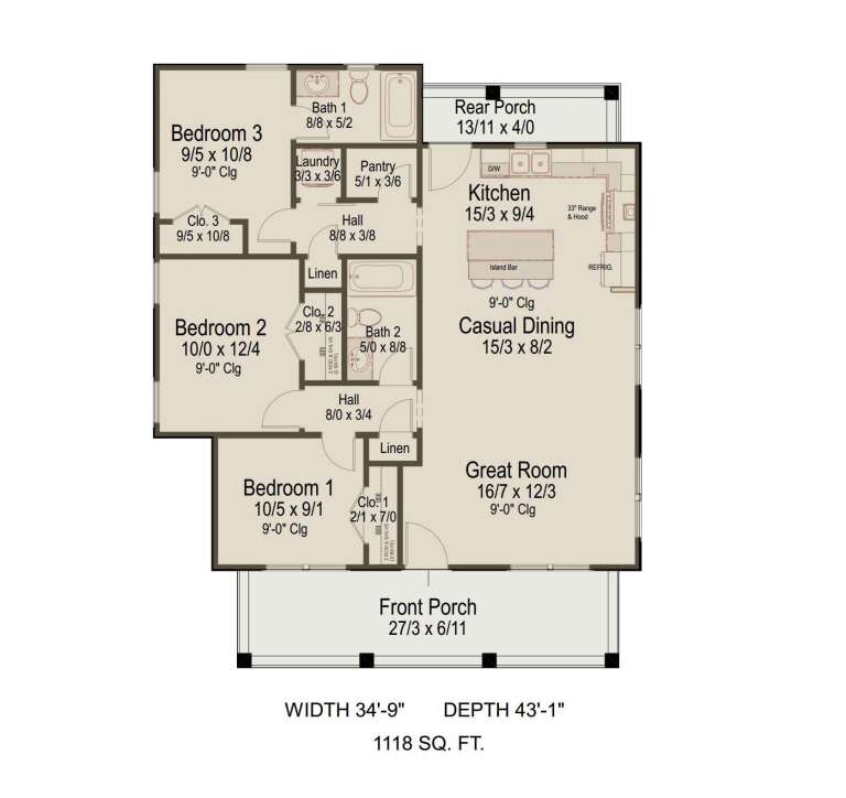 Main Floor: 3BR, 2BA, Great Room, Kitchen, Casual Dining, Pantry, Ldry, 3 Closets, Linen closets, Front & Rear Porches. House Plan # 8292-00055 Main Floor  Floor Plan Drawing by America's Best House Plans, Inc.