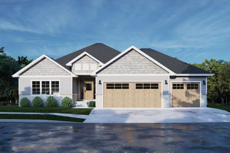 Grey Craftsman, Front Elevation with stone base, shake siding, wood garage doors, wall sconces, and manicured landscaping. House Plan # 7140-00035 Digital Rendering by America's Best House Plans, Inc.