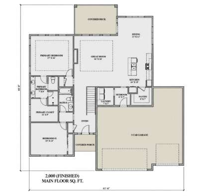 Main Floor: 2BR, 2BA, Great Room, Kitchen, Dining, Pantry, Ldry, Mudroom, 3-car garage, stairs, covered porch, covered deck. House Plan # 7140-00035 Main Floor  Floor Plan Drawing by America's Best House Plans, Inc.