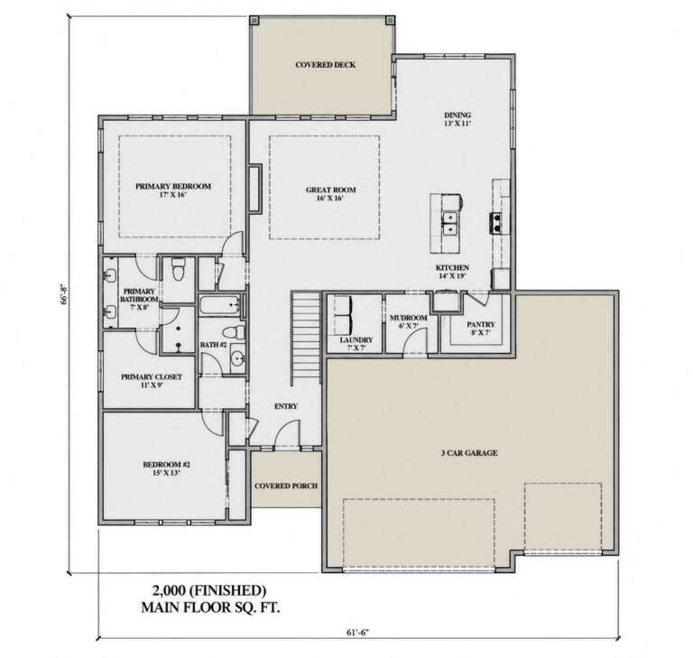 Main Floor: 2BR, 2BA, Great Room, Kitchen, Dining, Pantry, Ldry, Mudroom, 3-car garage, stairs, covered porch, covered deck. House Plan # 7140-00035 Main Floor  Floor Plan Drawing by America's Best House Plans, Inc.