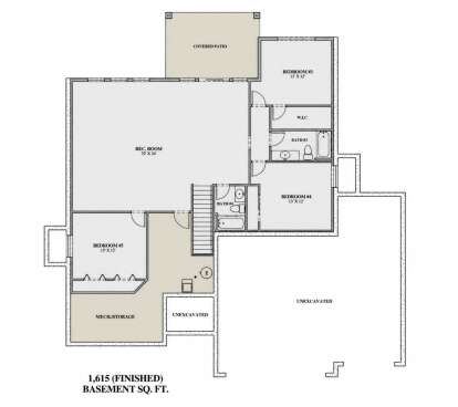Basement: 3BR, 2BA, Rec Room, WIC, Mech/Storage, Stairs, Covered Patio. Unheated: Mech/Storage & Unexcavated areas. House Plan # 7140-00035 Basement Floor Plan Drawing by America's Best House Plans, Inc.