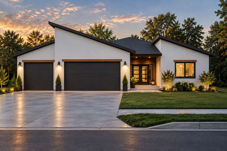 White Contemporary, Front Elevation at dusk, stucco siding, dark garage doors, wood accents, lit sconces, landscaping. House Plan # 7140-00036 Digital Rendering by America's Best House Plans, Inc.