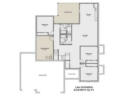 Basement: 3BR, 2BA, Rec Room, Wet Bar, Mech/Storage, Stairs, Covered Patio. Unheated: Unexcavated areas, Mech/Storage. House Plan # 7140-00036 Basement Floor Plan Drawing by America's Best House Plans, Inc.
