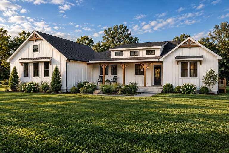 White Modern Farmhouse, Angled Front Elevation, board-and-batten siding, timber porch posts, lush landscaping, lawn. House Plan # 7140-00037 Digital Rendering by America's Best House Plans, Inc.