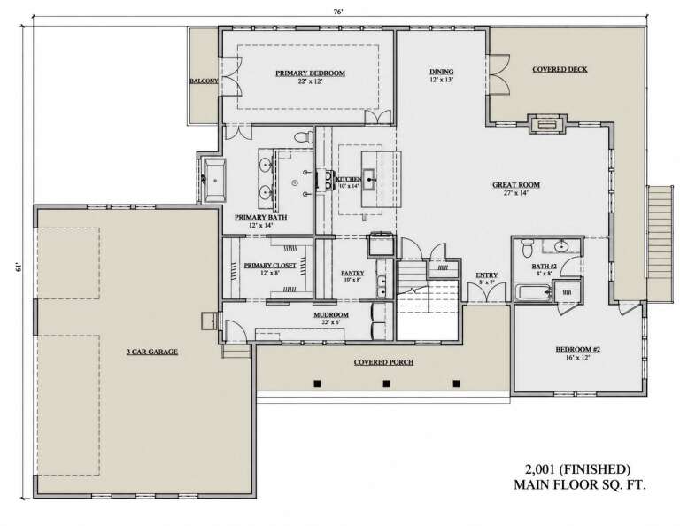 Main Floor: 2BR, 2BA, Great Room, Dining, Kitchen, Pantry, Mudroom, 3-car garage, Balcony, Covered Deck, Covered Porch, Stairs. House Plan # 7140-00037 Main Floor  Floor Plan Drawing by America's Best House Plans, Inc.