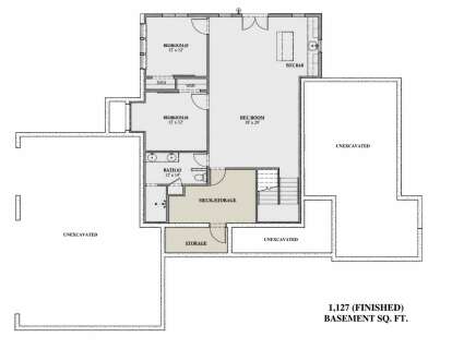 Basement: 2BR, 1BA, Rec Room with wet bar, Mech/Storage, stairs. Unheated: large unexcavated areas. 1,127 finished sq ft. House Plan # 7140-00037 Basement Floor Plan Drawing by America's Best House Plans, Inc.