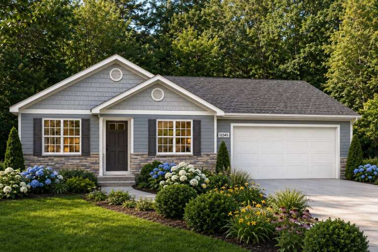 Blue Traditional, Angled Front Elevation, shake and lap siding, stone veneer, white garage, lush hydrangea landscaping. House Plan # 8768-00241 Digital Rendering by America's Best House Plans, Inc.