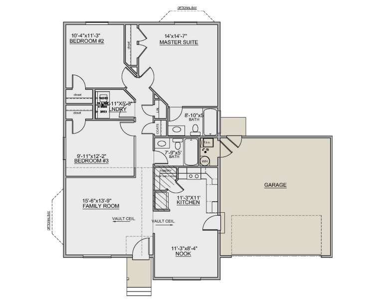 Main Floor: 3BR, 2BA, Kitchen, Nook, Family Room, Ldry. Vaulted ceilings, pantry, closets, 2-car garage, porch. House Plan # 8768-00241 Main Floor  Floor Plan Drawing by America's Best House Plans, Inc.