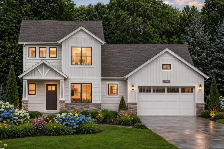 Grey Craftsman, Front Elevation with board-and-batten siding, stone base, lit windows, lantern sconces, lush landscaping. House Plan # 8768-00242 Digital Rendering by America's Best House Plans, Inc.