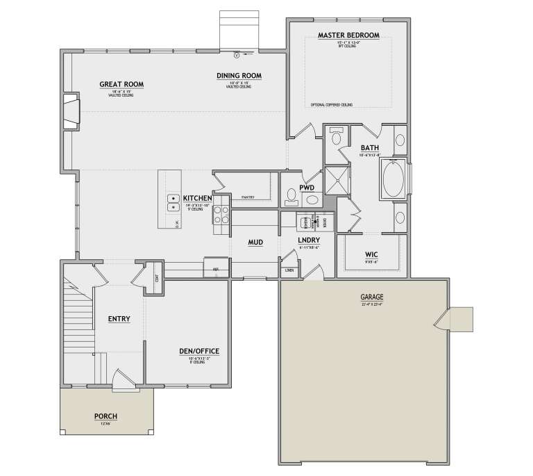 Main Floor: 1BR, 1.5BA, Great Room, Dining, Kitchen, Den, Mud, Ldry, WIC, 2-car garage, Porch, Vaulted ceilings, Fireplace. House Plan # 8768-00242 Main Floor  Floor Plan Drawing by America's Best House Plans, Inc.