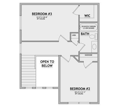 Second Floor: 2 BR, 1 BA, WIC, Wardrobe, Linen closet, stairs, open to below area. 8ft ceilings in bedrooms. House Plan # 8768-00242 Second Floor Floor Plan Drawing by America's Best House Plans, Inc.