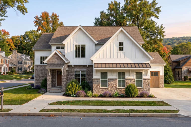White Modern Farmhouse, Front Elevation, board-and-batten siding, stone veneer, metal roof accents, and lush landscaping. House Plan # 963-01340 Digital Rendering by America's Best House Plans, Inc.