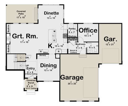 Main Floor: Office, Grt Rm, Kitchen, Dinette, Dining, 1.5 BA, Mudroom, Pantry, 3-car garage, Covered Patio, Porch, Stairs. House Plan # 963-01340 Main Floor  Floor Plan Drawing by America's Best House Plans, Inc.