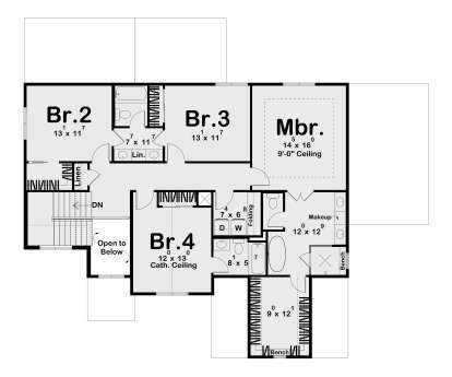 Second Floor: 3BR, 2BA, Ldry, WIC, stairs, open to below. Cath. ceiling in BR4, 9' ceiling in Mbr. House Plan # 963-01340 Second Floor Floor Plan Drawing by America's Best House Plans, Inc.