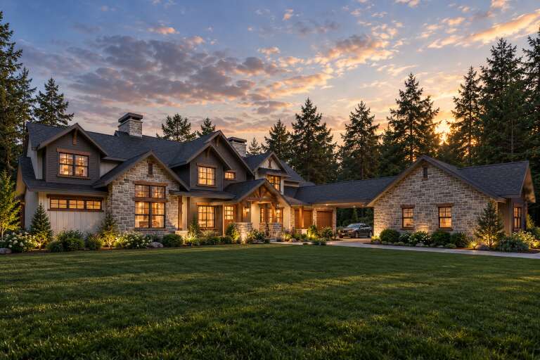 Grey Craftsman, Angled Front Elevation, stone and board-and-batten siding, lit porch, warm interior glow, landscaping. House Plan # 5631-00355 Digital Rendering by America's Best House Plans, Inc.