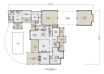 Main Floor: 1BR, 3.5BA, Great Rm, Kitchen, Service Kitchen, Dining, Office, 4-car garage, 5 Covered Patios, 3 Porches, Pool. House Plan # 5631-00355 Main Floor  Floor Plan Drawing by America's Best House Plans, Inc.