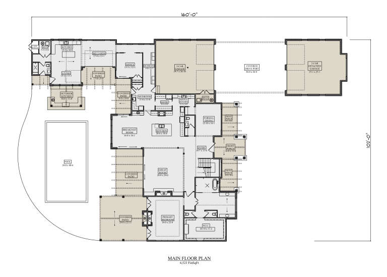 Main Floor: 1BR, 3.5BA, Great Rm, Kitchen, Service Kitchen, Dining, Office, 4-car garage, 5 Covered Patios, 3 Porches, Pool. House Plan # 5631-00355 Main Floor  Floor Plan Drawing by America's Best House Plans, Inc.