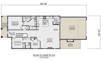 Main Floor: 2BR, 2BA, Kitchen, Dining, Living, Office, Mud room, 2-car garage, WIC, stairs, front porch, back patio. House Plan # 5631-00356 Main Floor  Floor Plan Drawing by America's Best House Plans, Inc.