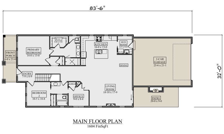 Main Floor: 2BR, 2BA, Kitchen, Dining, Living, Office, Mud room, 2-car garage, WIC, stairs, front porch, back patio. House Plan # 5631-00356 Main Floor  Floor Plan Drawing by America's Best House Plans, Inc.