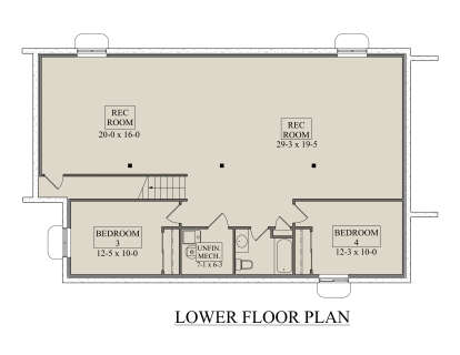 Basement: 2 Bed, 1 Bath, large Rec Room, stairs, Unfin. Mech. room. Unheated: Mech. area. House Plan # 5631-00356 Basement Floor Plan Drawing by America's Best House Plans, Inc.
