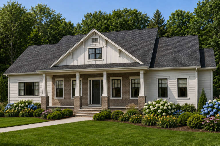 Off-white Craftsman, Angled Front Elevation, board-and-batten, brick base, tapered columns, lush hydrangea landscaping. House Plan # 8768-00243 Digital Rendering by America's Best House Plans, Inc.