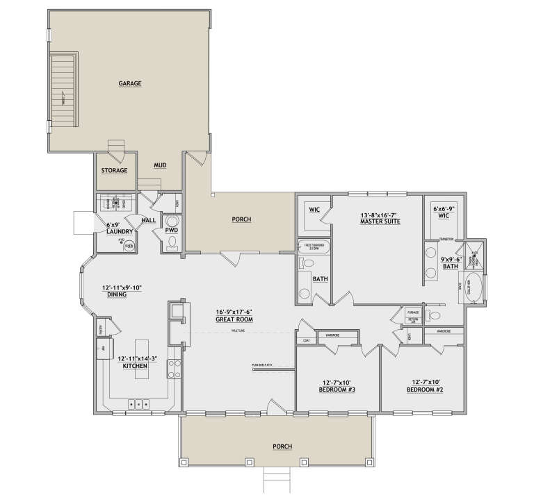 Main Floor: 3BR, 2.5BA, Great Room w/ vault, Kitchen, Dining, Ldry, Mud, 2-car garage, 2 Porches, 2 WIC, stairs, storage. House Plan # 8768-00243 Main Floor  Floor Plan Drawing by America's Best House Plans, Inc.