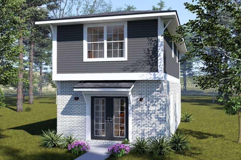 Grey Contemporary, Angled Front Elevation, white brick base, dark lap siding, French doors, wall sconces, floral garden. House Plan # 4848-00645 Digital Rendering by America's Best House Plans, Inc.