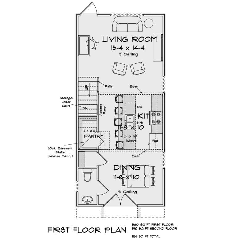 Main Floor: Living, Kitchen, Dining, 1/2 Bath, Pantry, Stairs with storage, 9' ceilings. Opt. basement stairs. House Plan # 4848-00645 Main Floor  Floor Plan Drawing by America's Best House Plans, Inc.