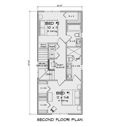 Second Floor: 2BR, 2BA, Study Alcove, Ldry, AC closet, 3 WICs, built-in dresser, stairs, open to below, 8' ceilings. House Plan # 4848-00645 Second Floor Floor Plan Drawing by America's Best House Plans, Inc.