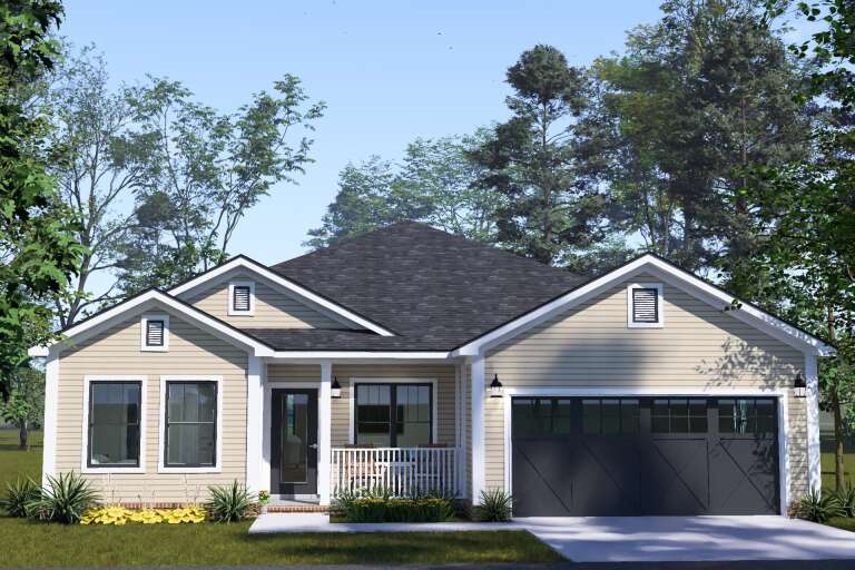 Tan Country, Front Elevation with lap siding, black garage, white porch railing, lantern lights, and lush landscaping. House Plan # 4848-00646 Digital Rendering by America's Best House Plans, Inc.
